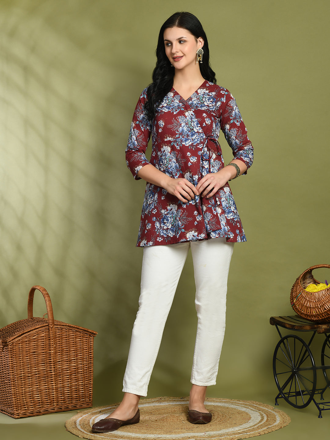 Floral Print Angrakha 3\4 Sleeves Flared Kurti