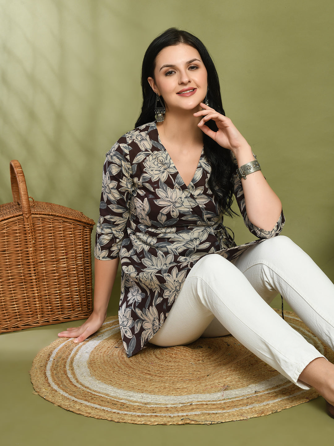 Floral Print Angrakha 3\4 Sleeves Flared Kurti