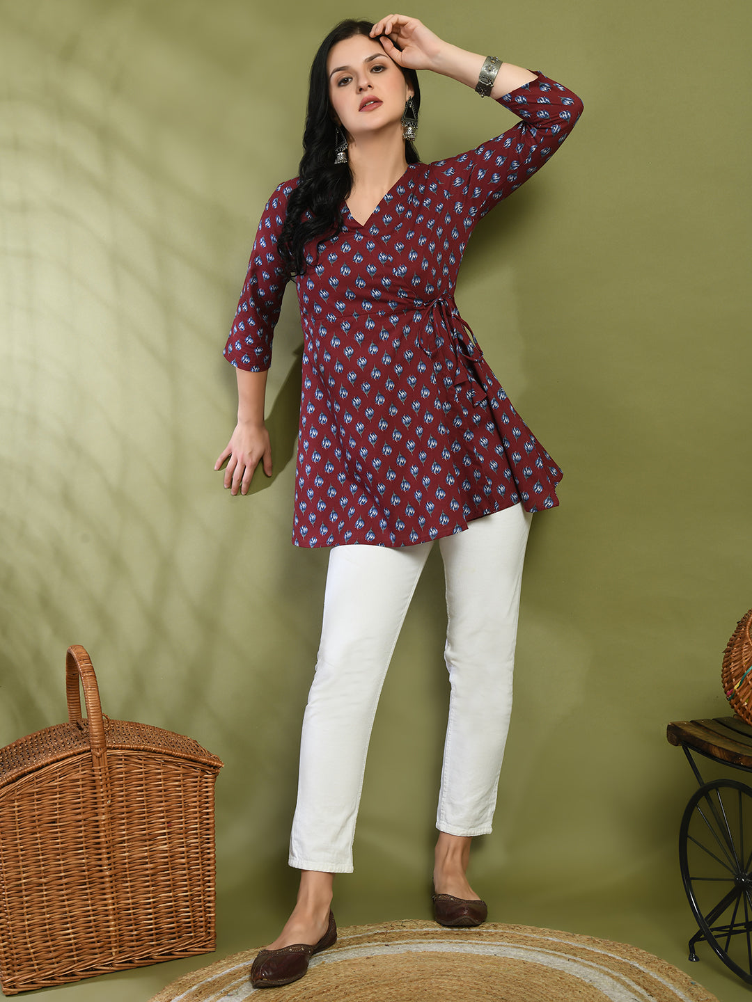Floral Print Angrakha 3\4 Sleeves Flared Kurti