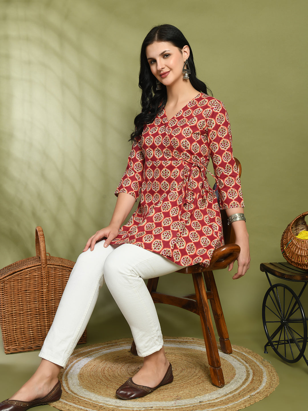 Floral Print Angrakha 3\4 Sleeves Flared Kurti