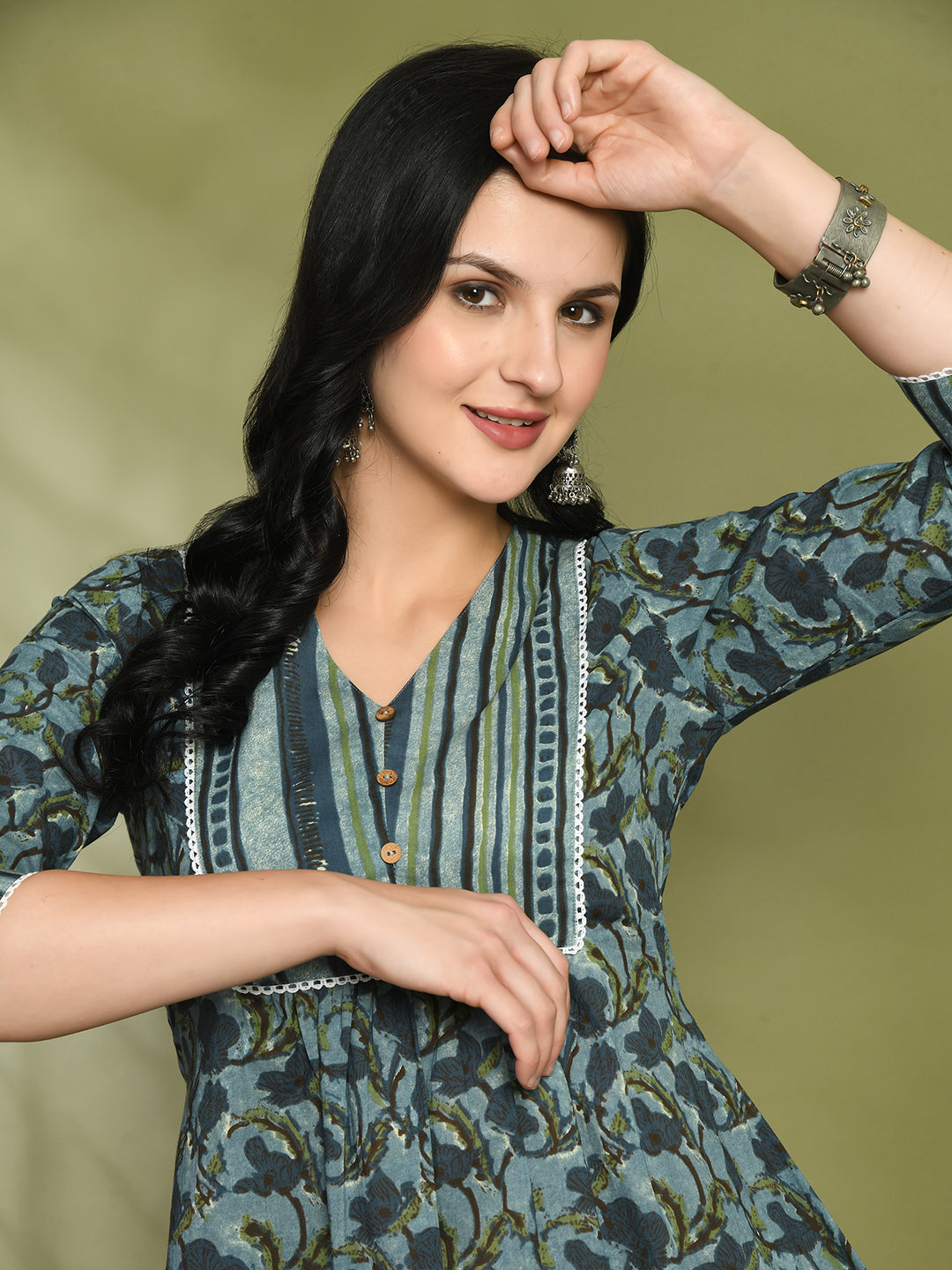 V-Neck Floral Print Peplum Short Kurti FRKT6442