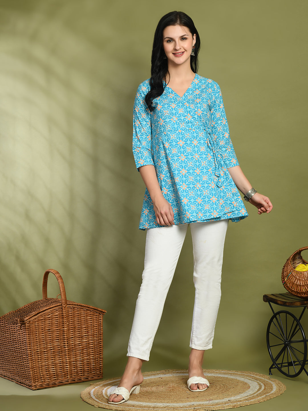 Floral Print Angrakha 3\4 Sleeves Flared Kurti