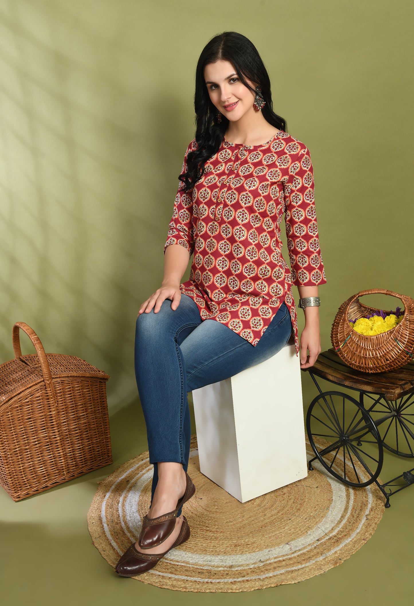 Floral Print 4 Button Straight Kurti FRKT6453