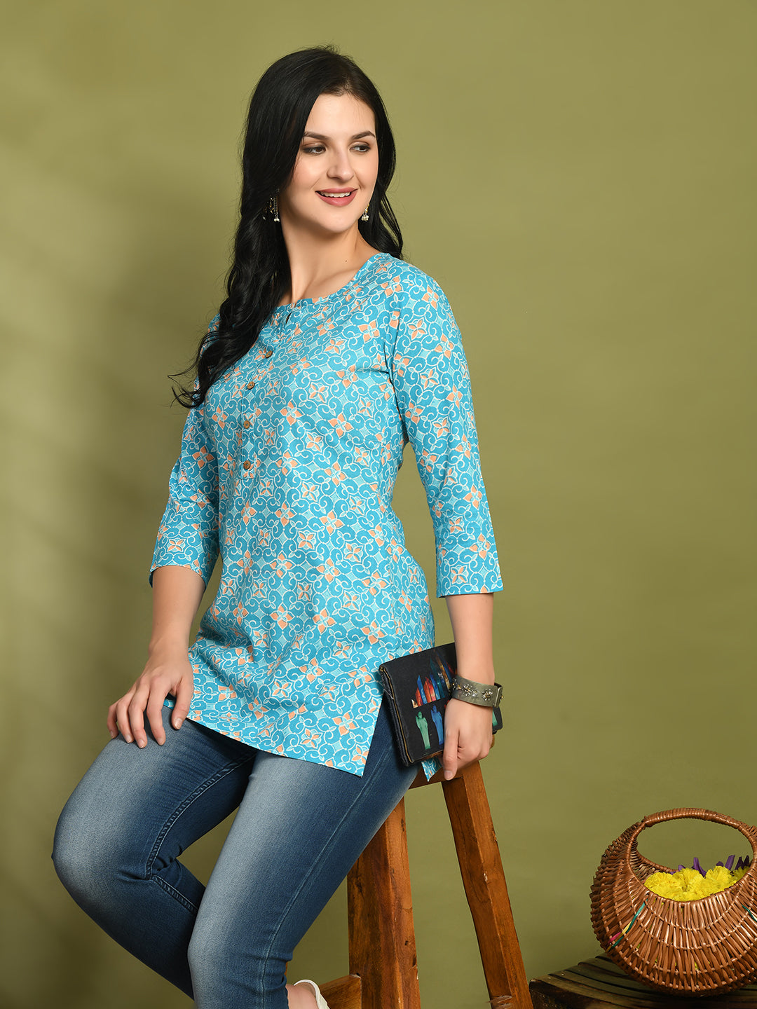 Floral Print 4 Button Straight Kurti FRKT6459