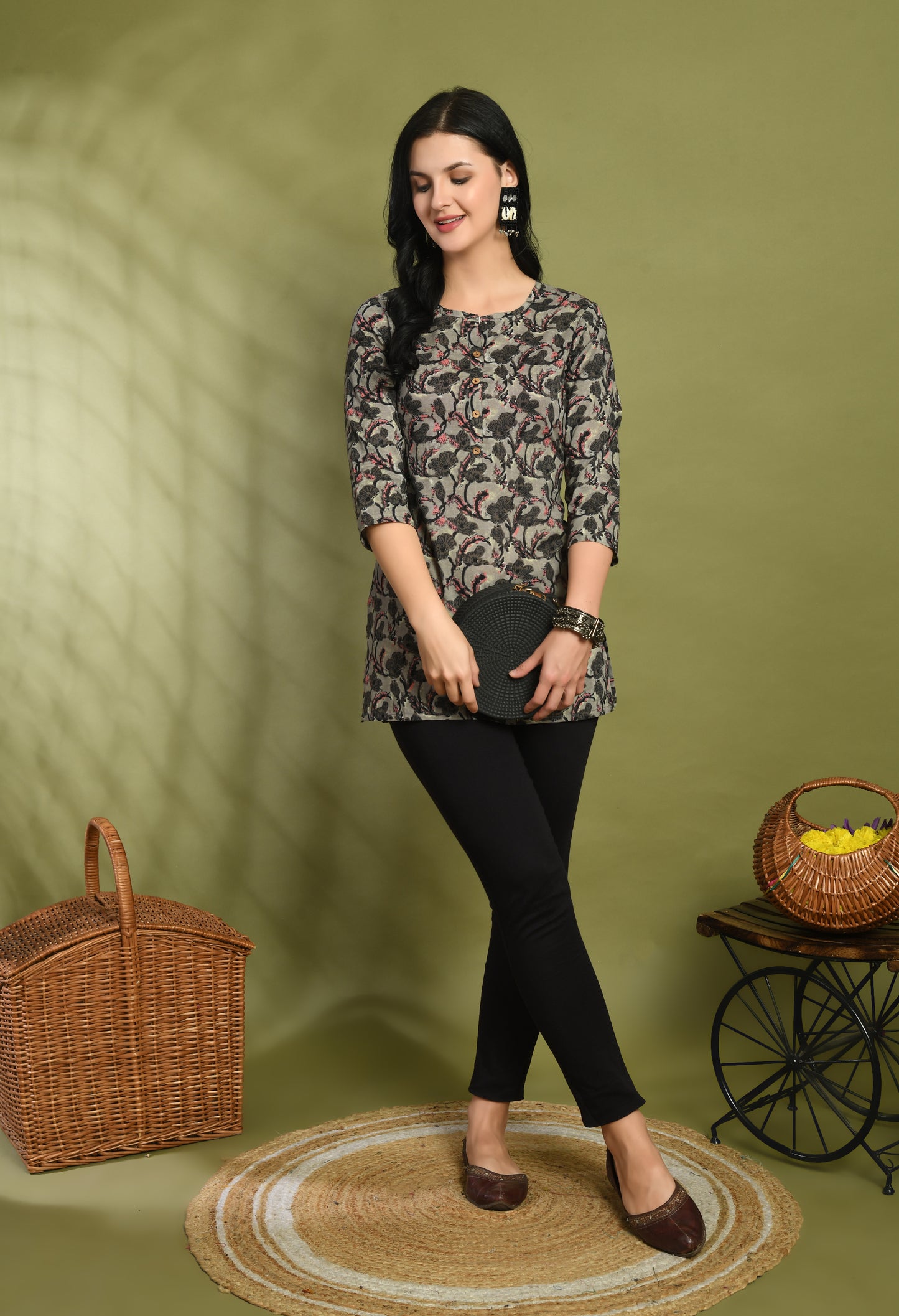 Floral Print 4 Button Straight Kurti FRKT6458