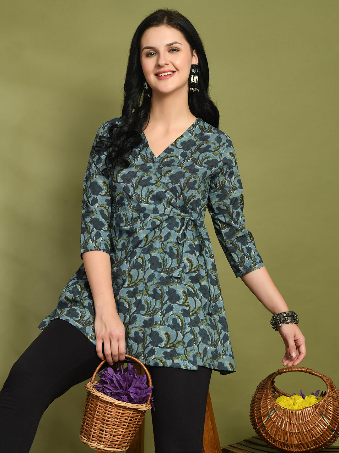 Floral Print Angrakha 3\4 Sleeves Flared Kurti