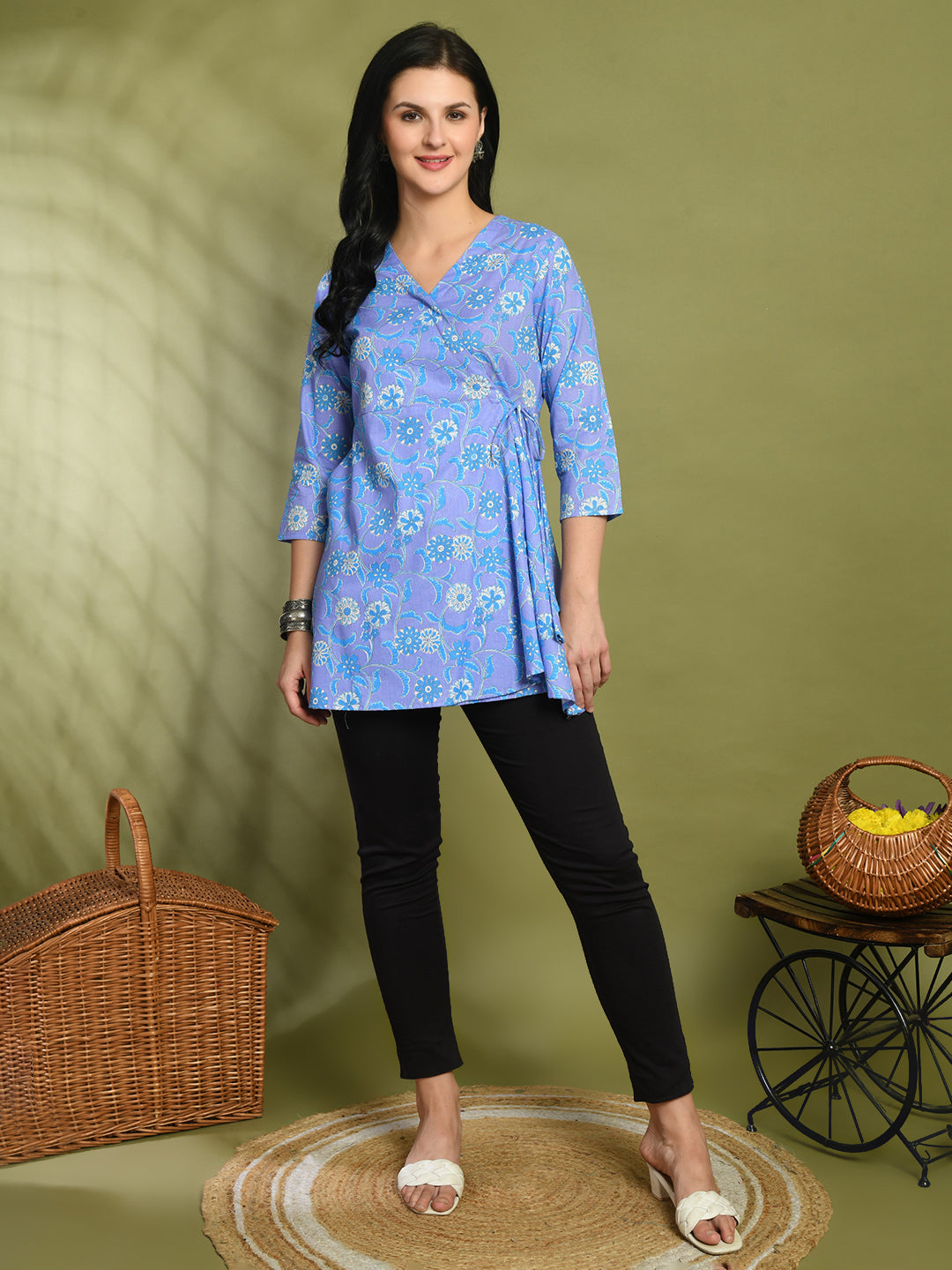 Floral Print Angrakha 3\4 Sleeves Flared Kurti