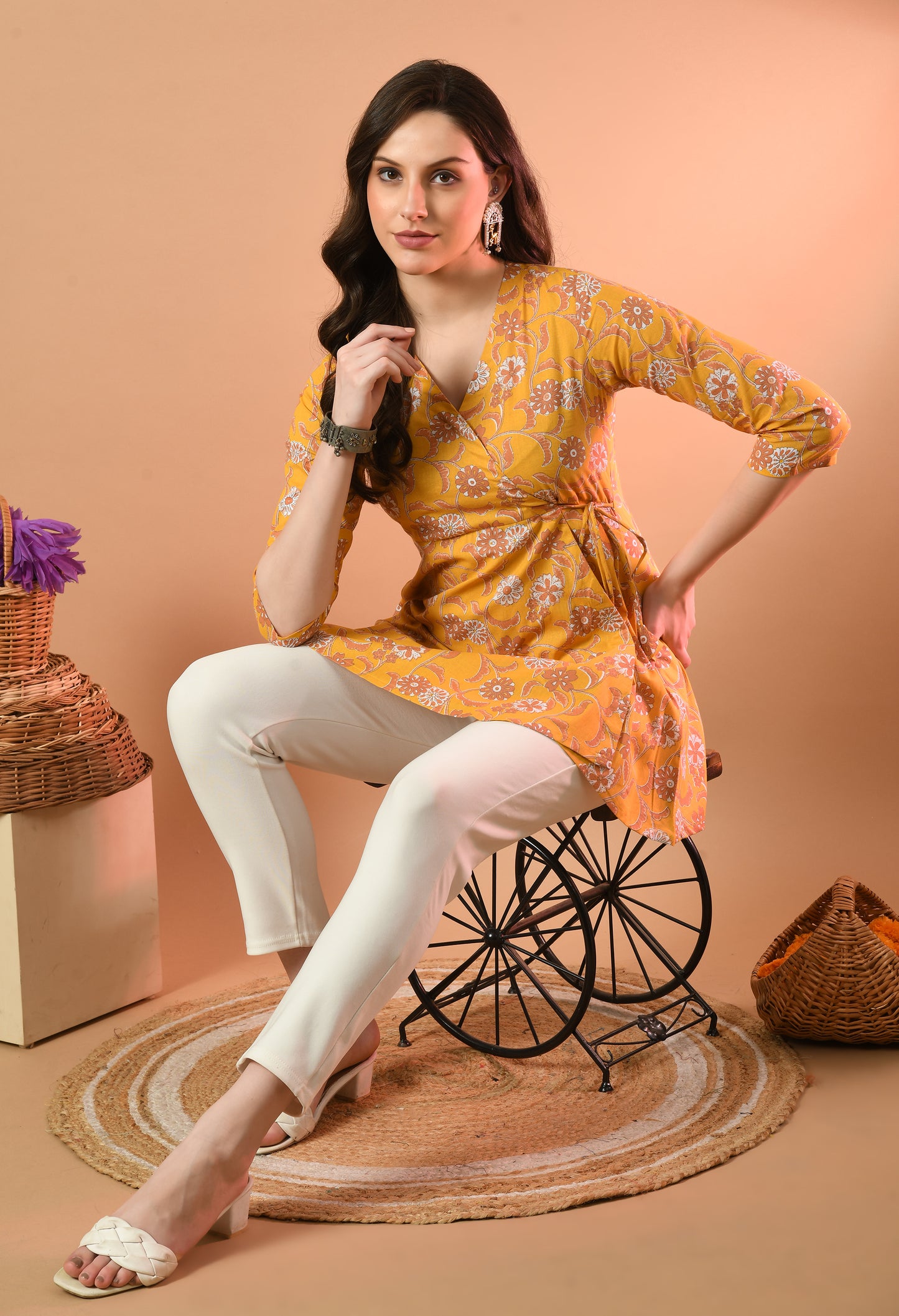 Floral Print Angrakha 3\4 Sleeves Flared Kurti