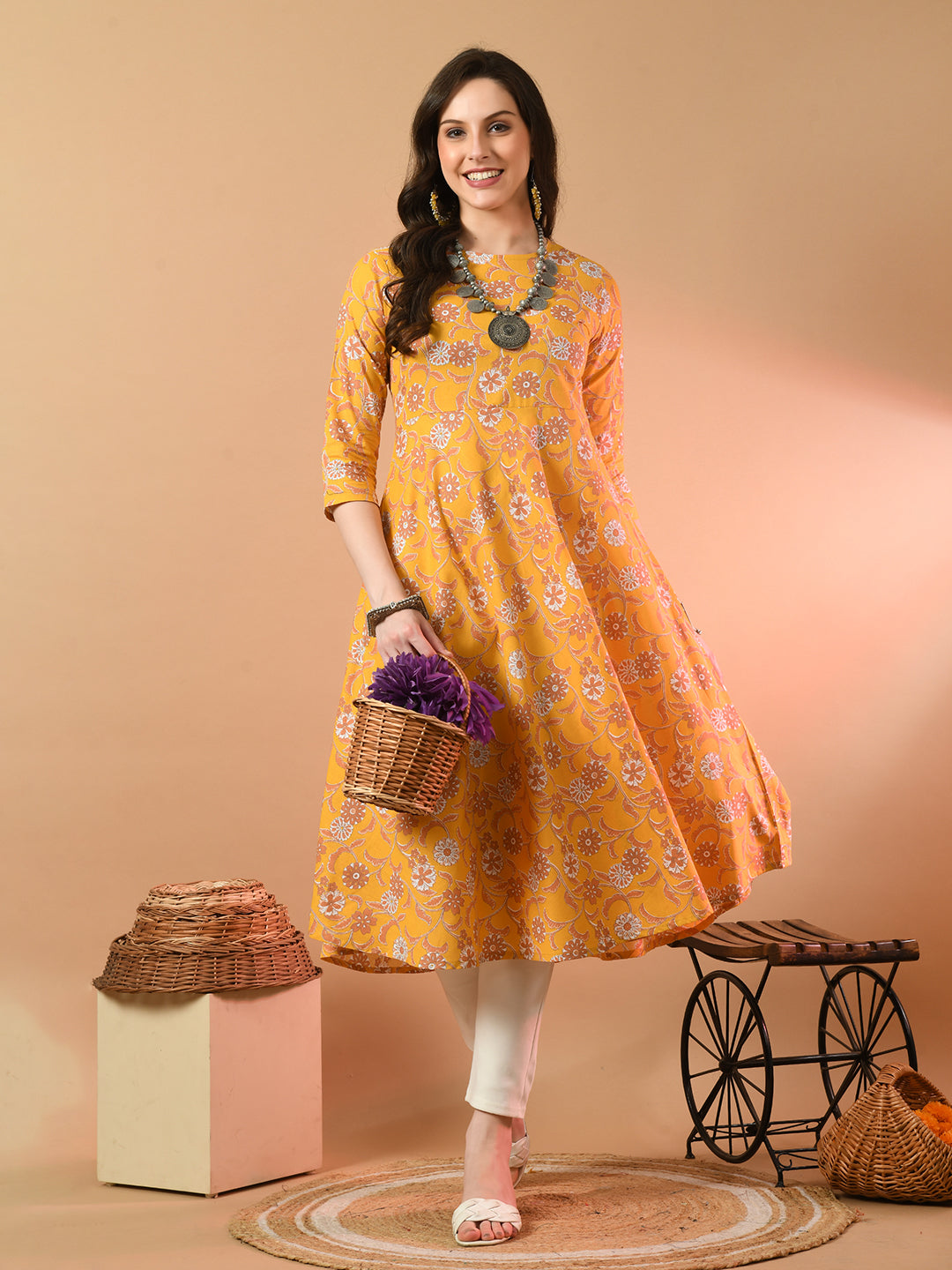 Round Neck Floral Print Long Kurti FRKT6439