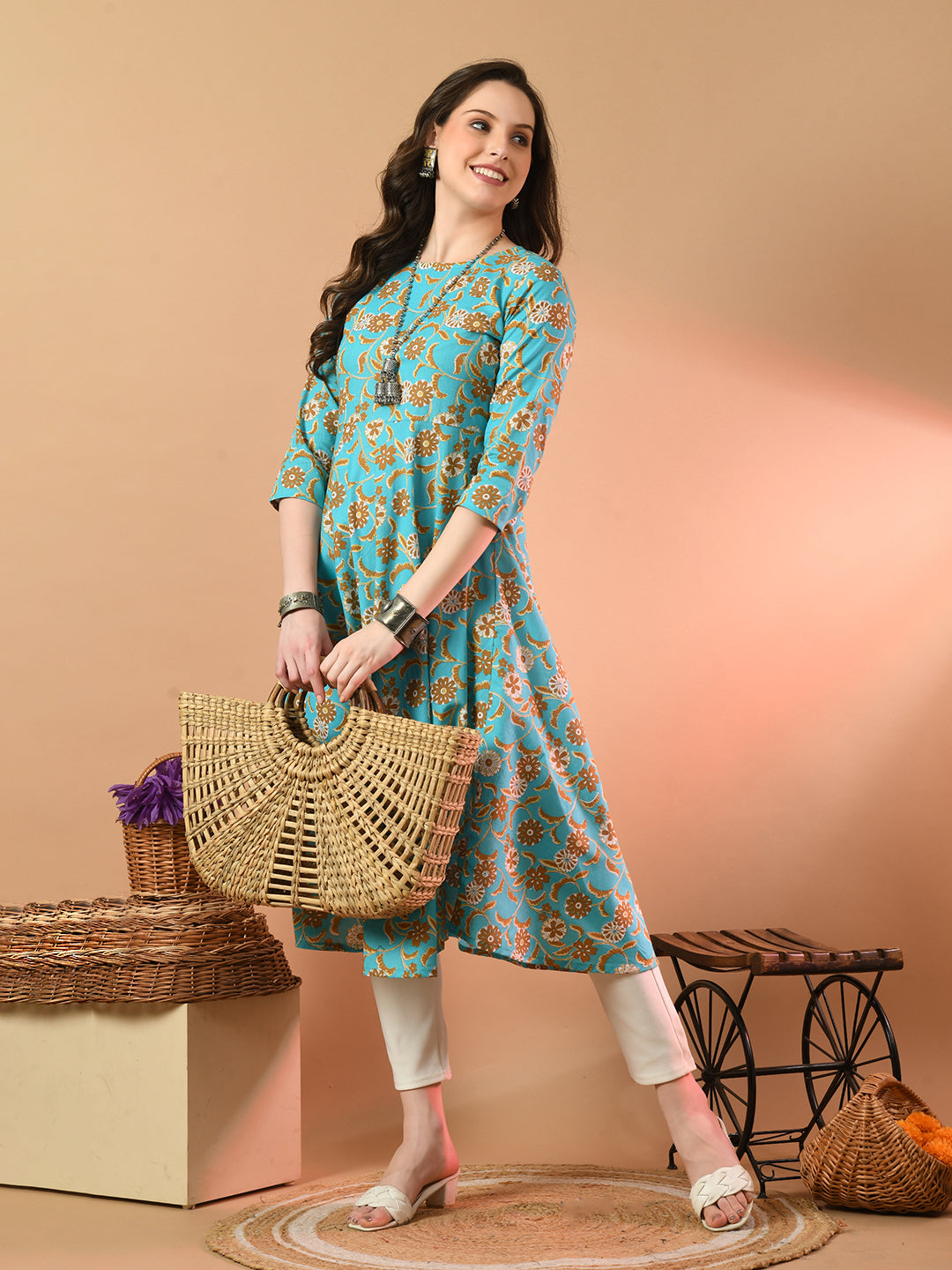 Round Neck Floral Print Long Kurti FRKT6441