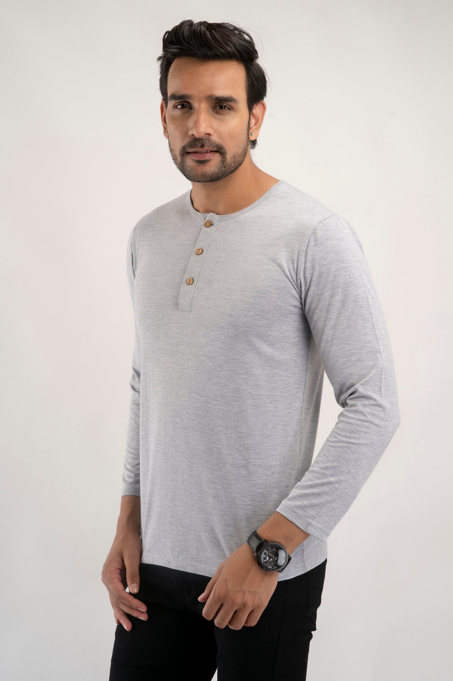 Plain Light Grey Henley Full Sleeves T-Shirt