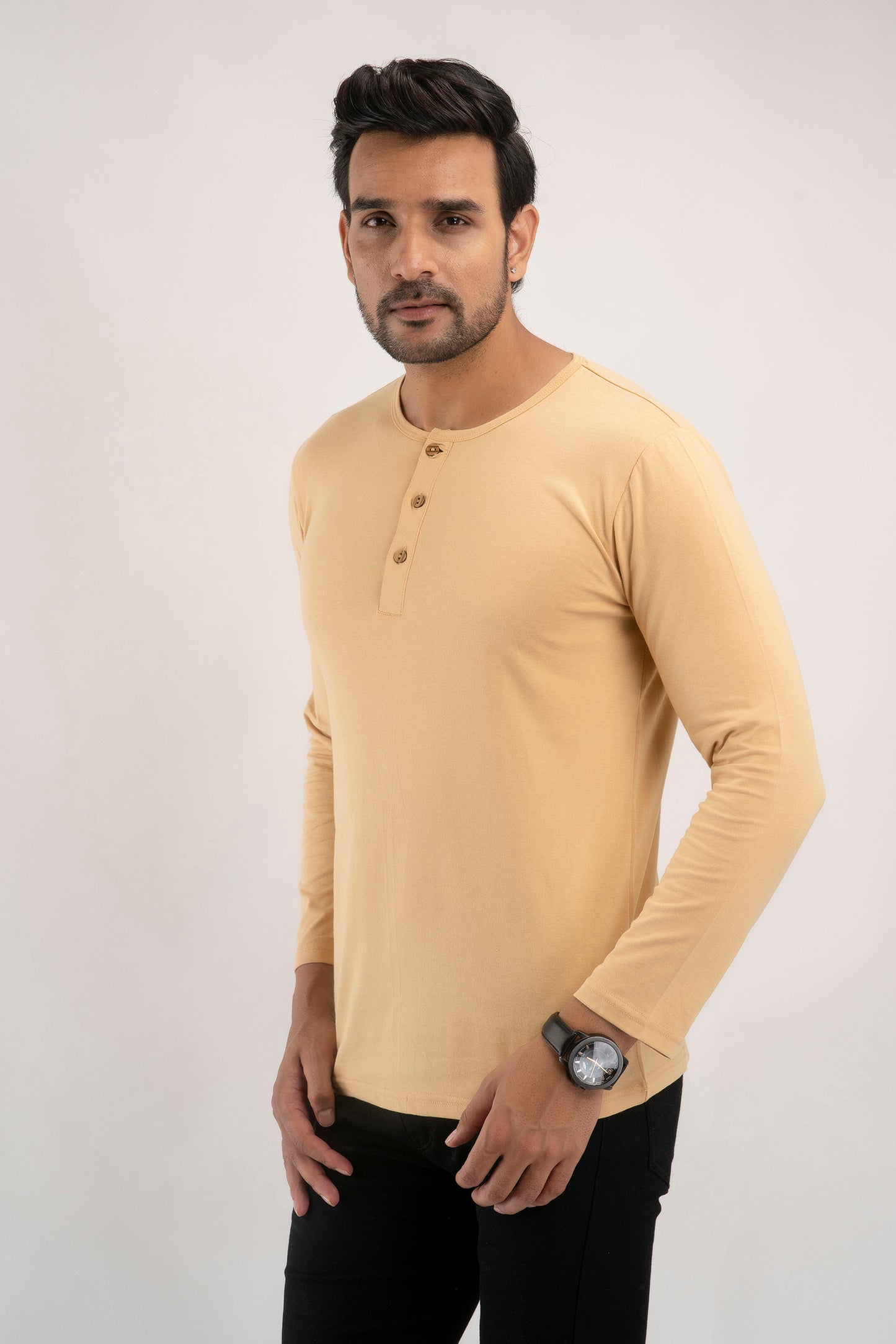 Plain Beige Henley Full Sleeves T-Shirt