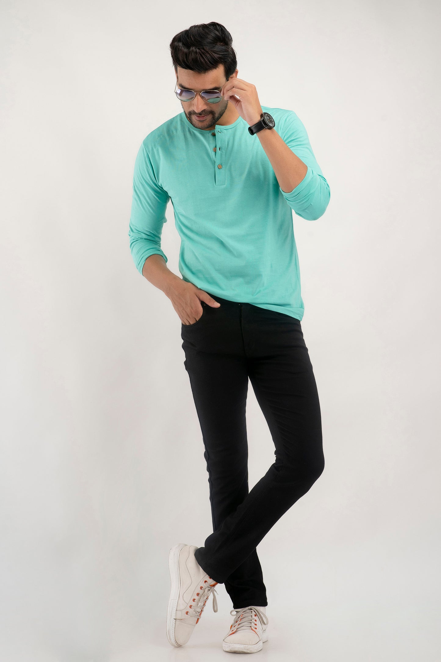 Plain Sea Green Henley Full Sleeves T-Shirt
