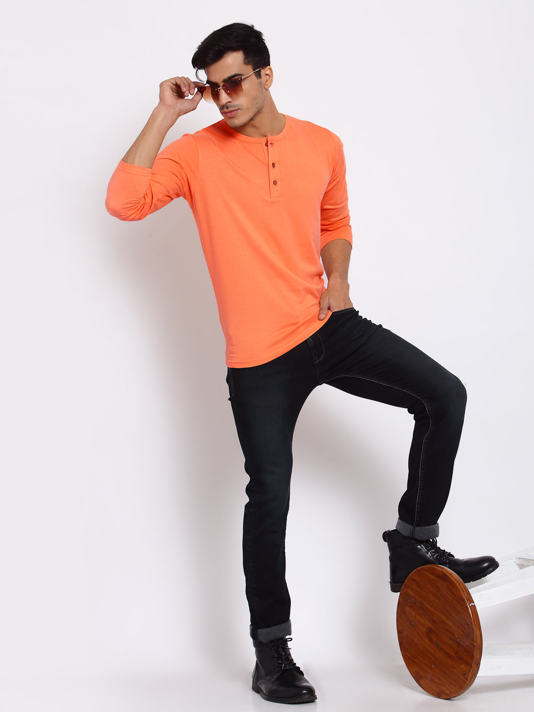 Plain Peach Henley Full Sleeves T-Shirt