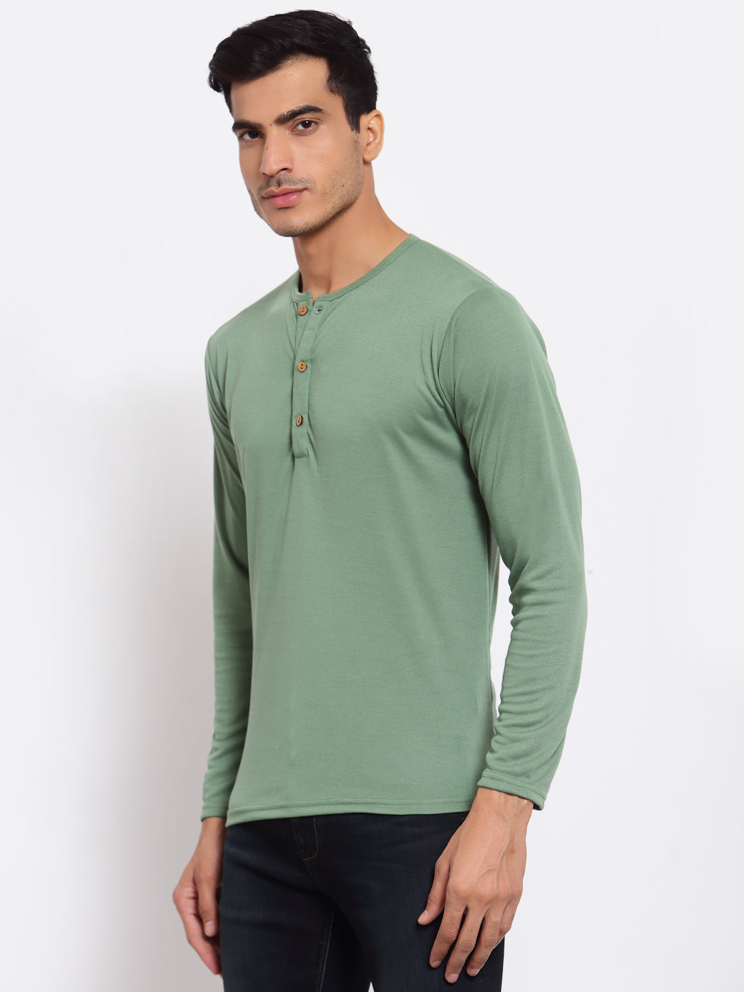 Plain Light Green Henley Full Sleeves T-Shirt