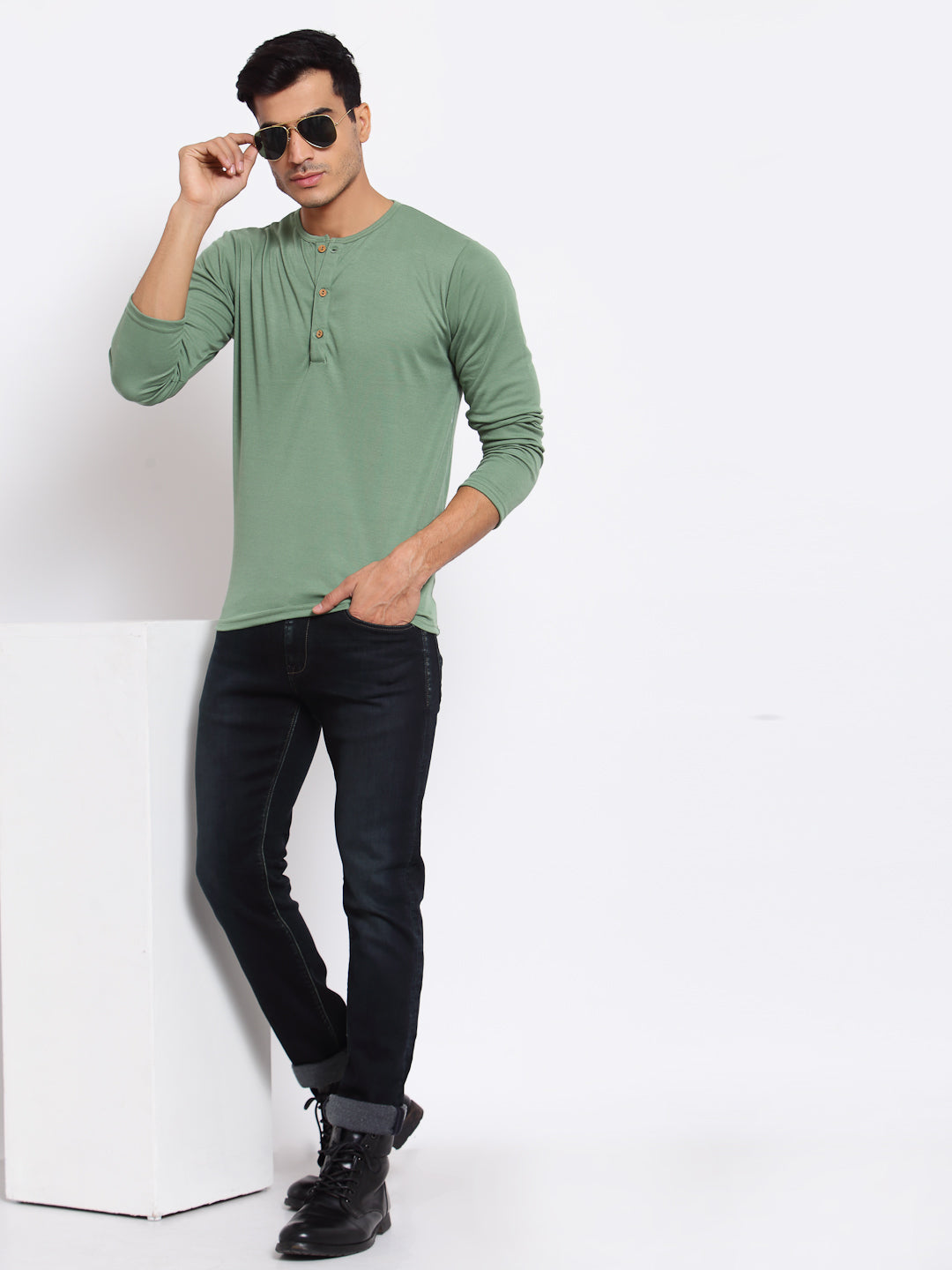 Plain Light Green Henley Full Sleeves T-Shirt