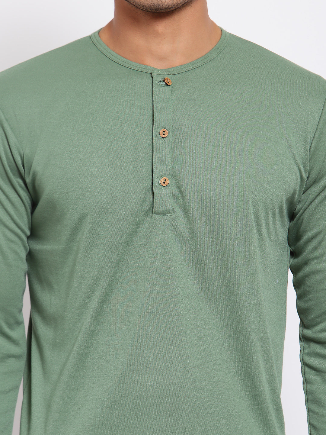 Plain Light Green Henley Full Sleeves T-Shirt
