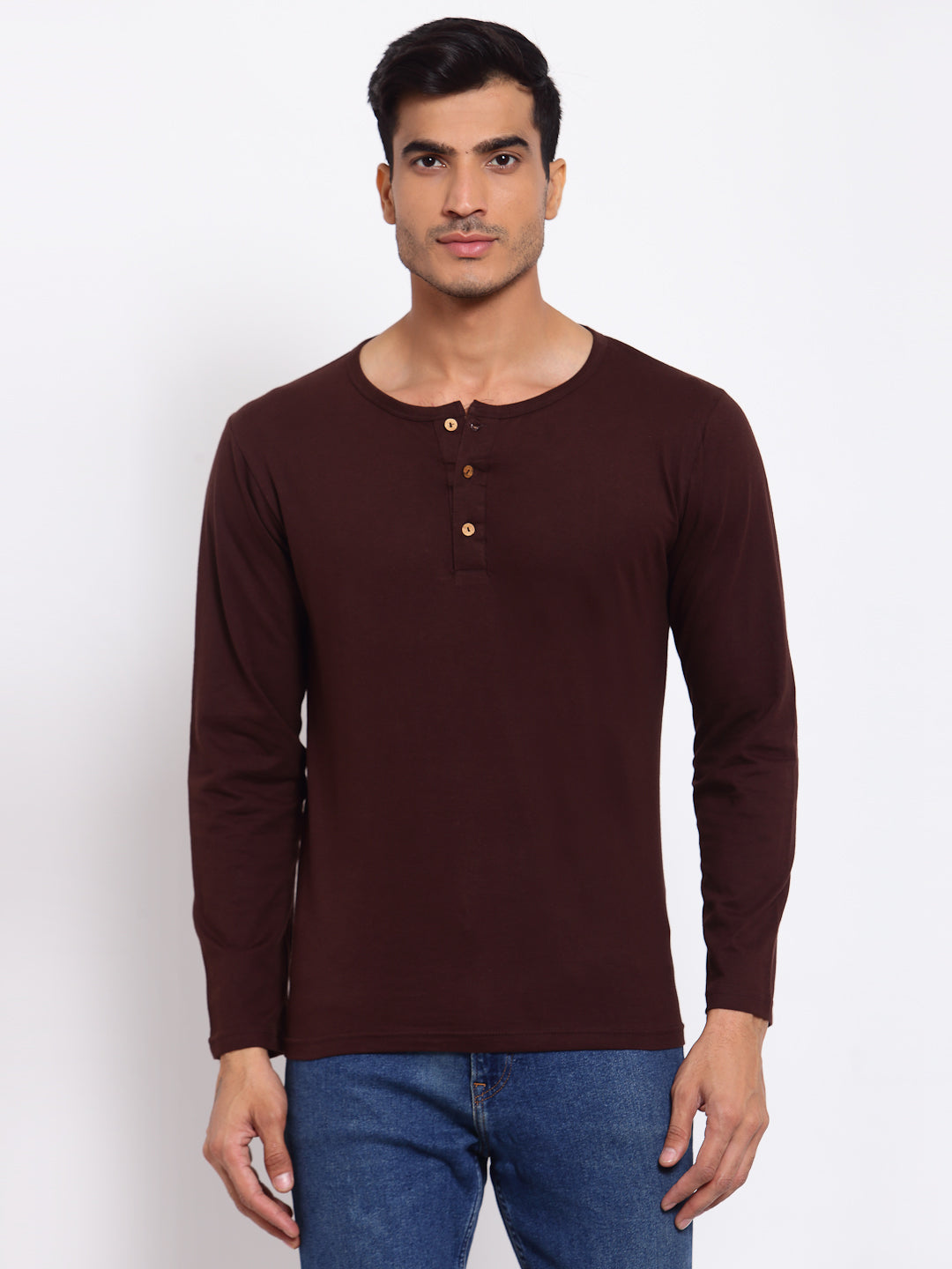 Plain Brown Henley Full Sleeves T-Shirt