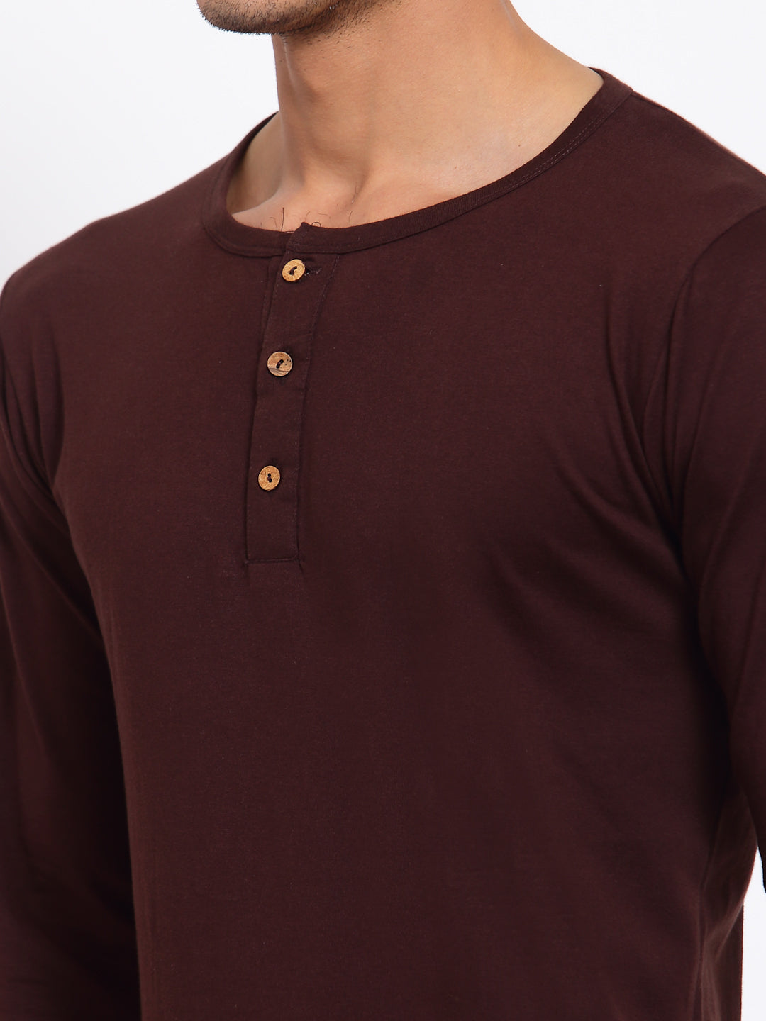 Plain Brown Henley Full Sleeves T-Shirt