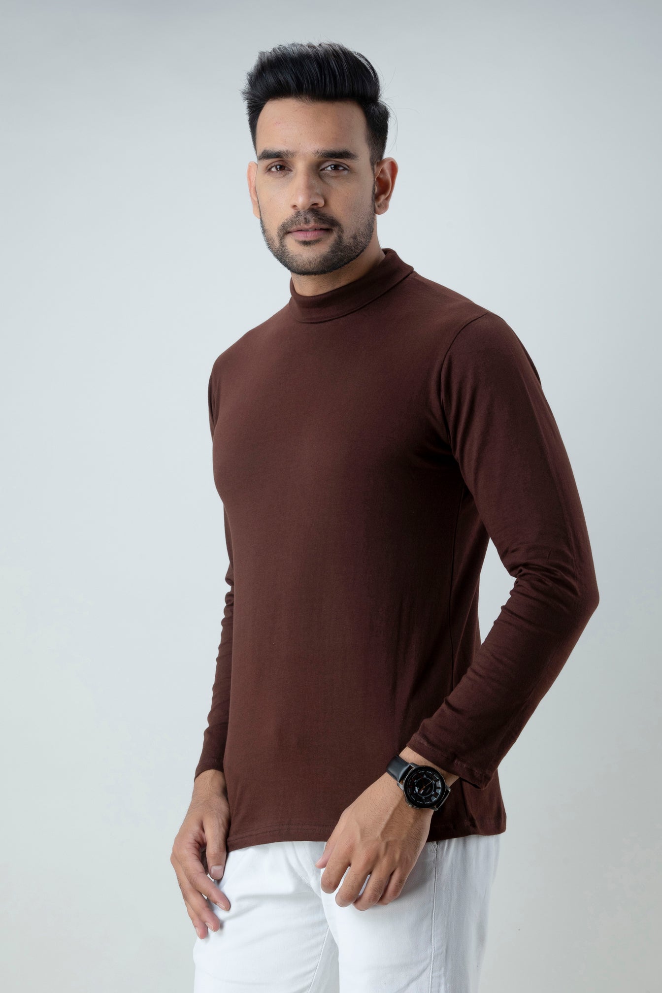 Men Brown High Neck Bio Finish T-Shirt