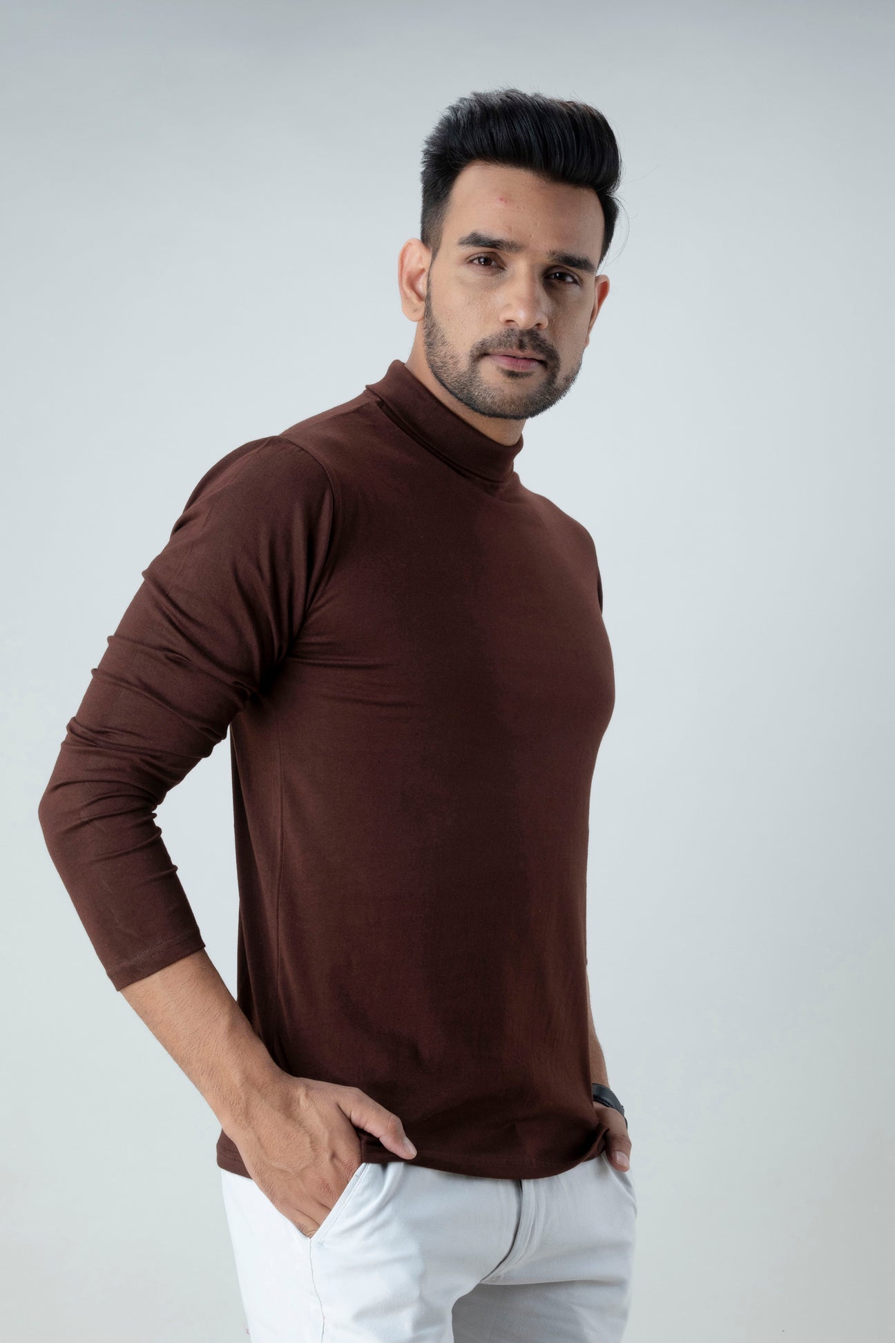 Men Brown High Neck Bio Finish T-Shirt