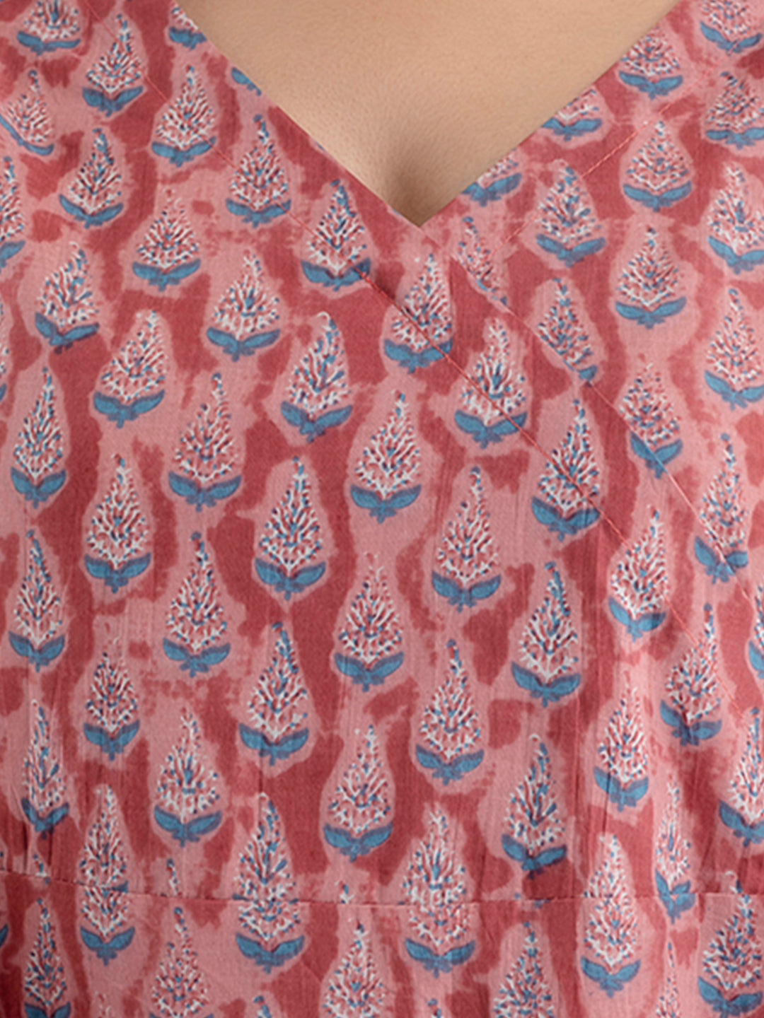 Floral Printed V-Neck Pure Cotton Angrakha A-Line Kurti FRKT6172