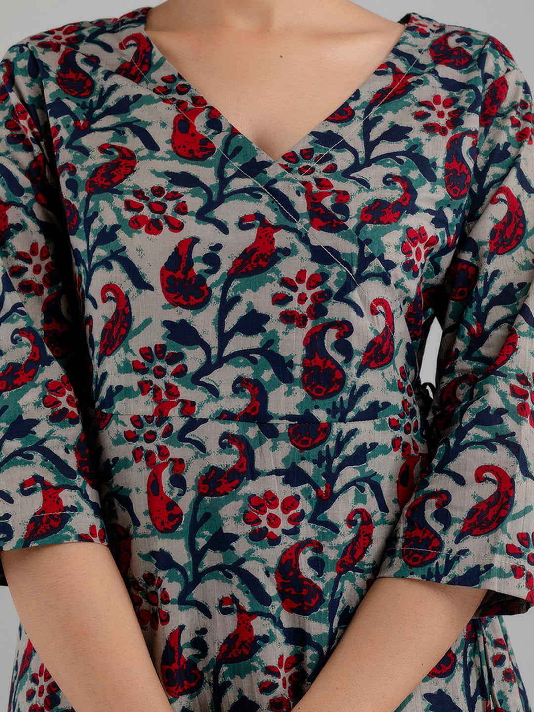 Floral Printed V-Neck Pure Cotton Angrakha A-Line Kurti FRKT6173