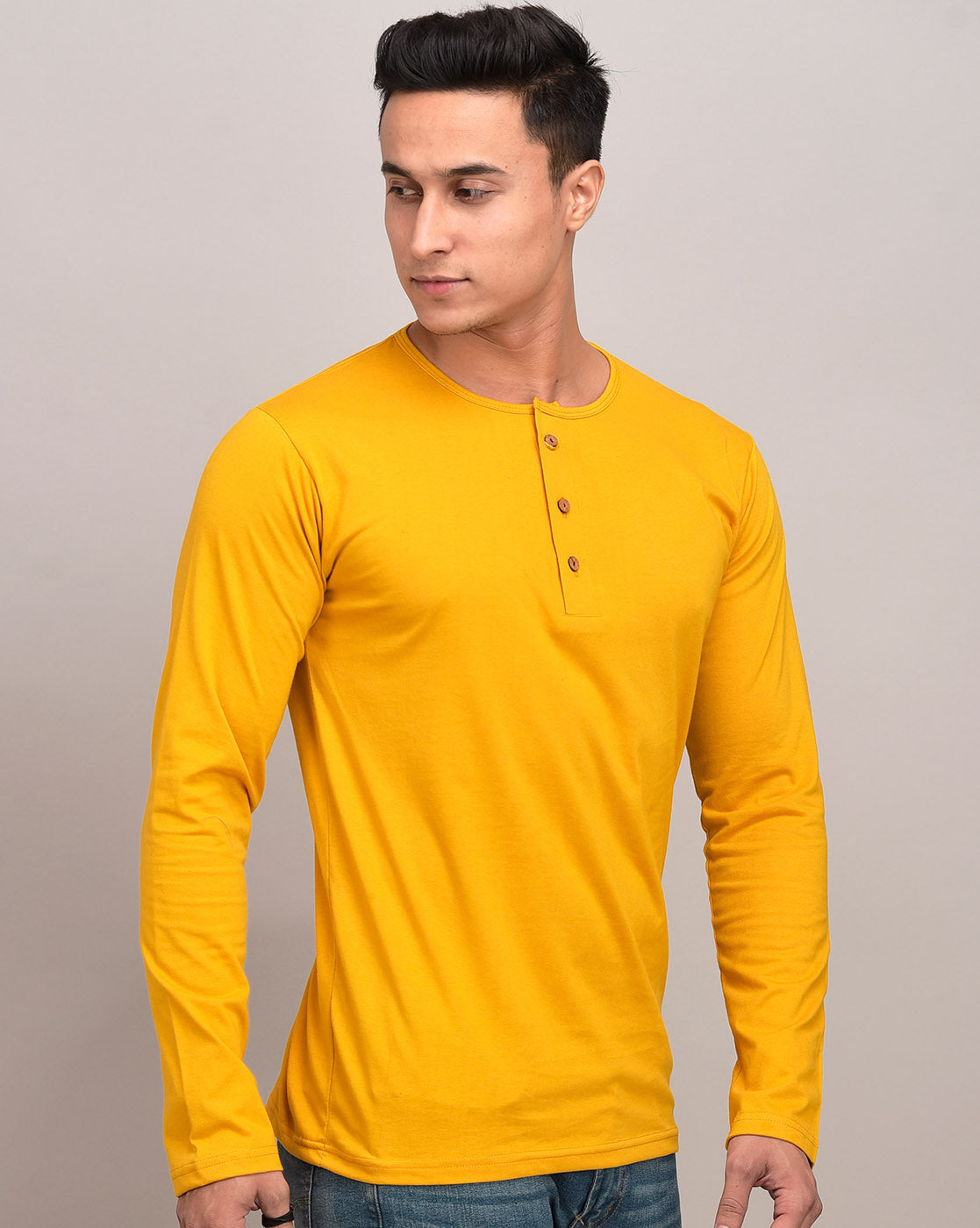 Plain Yellow Henley Full Sleeves T-Shirt