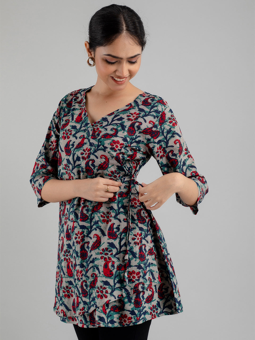 Floral Printed V-Neck Pure Cotton Angrakha A-Line Kurti FRKT6173