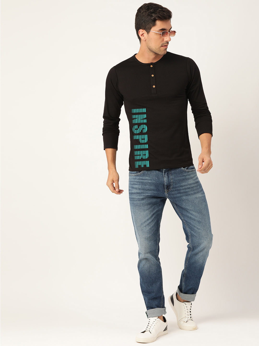 Inspire Black Henley Full Sleeves T-Shirt