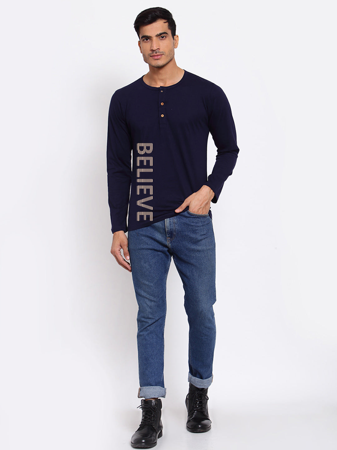 Believe Blue Henley Full Sleeves T-Shirt