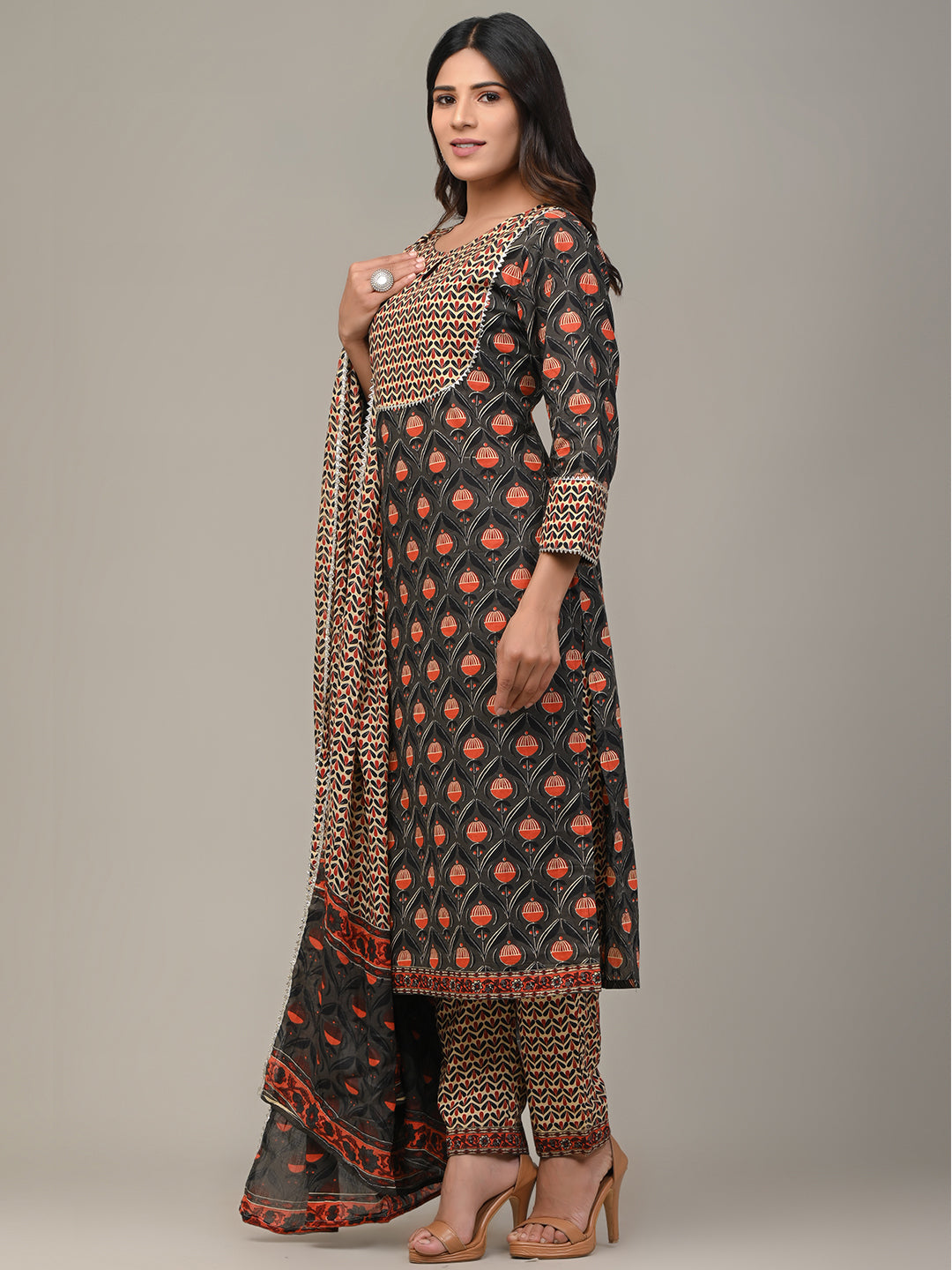 COTTON PRINTED GREY KURTA SET WITH DUPATTA