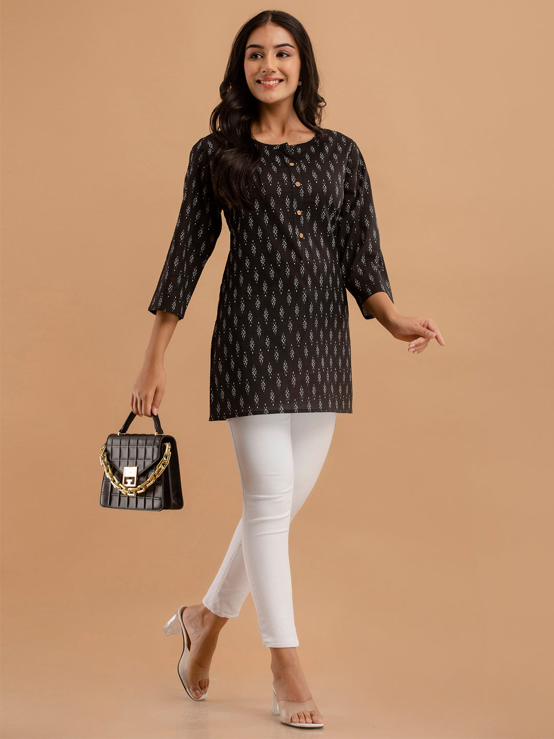Women Black Cotton Printed Short Kurti