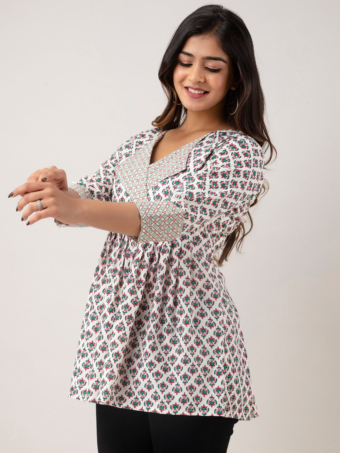 Women Collared Pattern Printed Flared Kurti