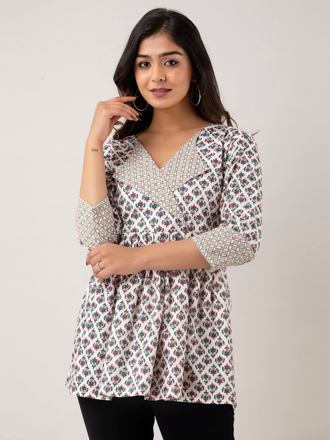 Women Collared Pattern Printed Flared Kurti