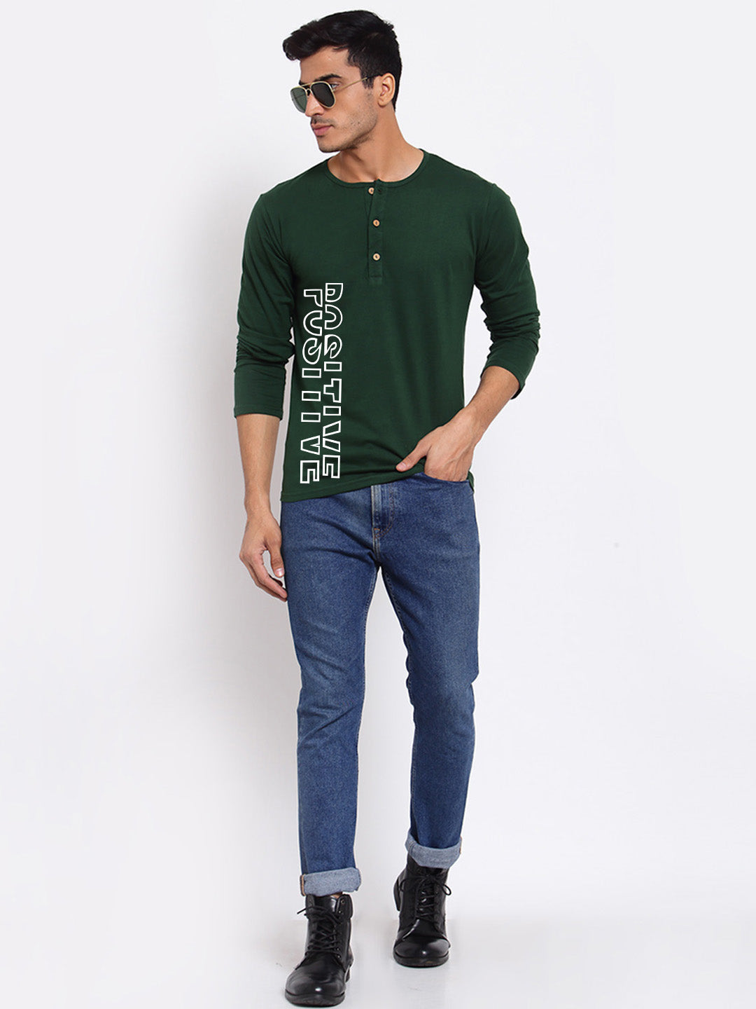 Positive Green Henley Full Sleeves T-Shirt