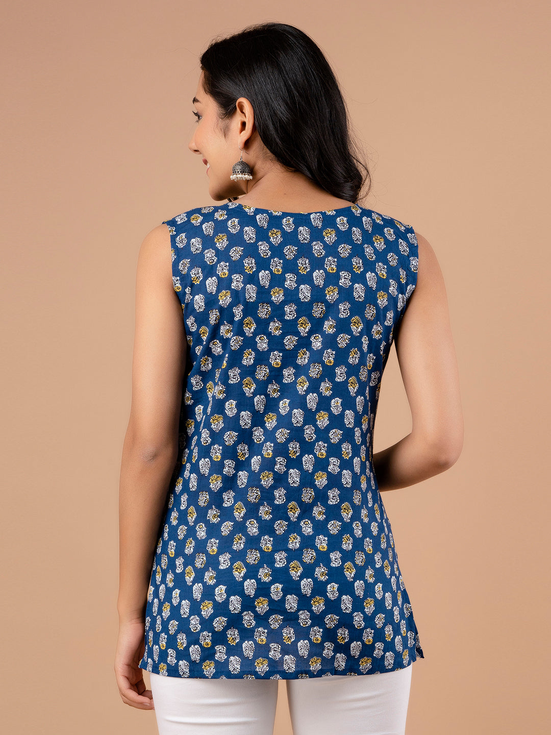 Cotton Printed Blue Sleeveless Top