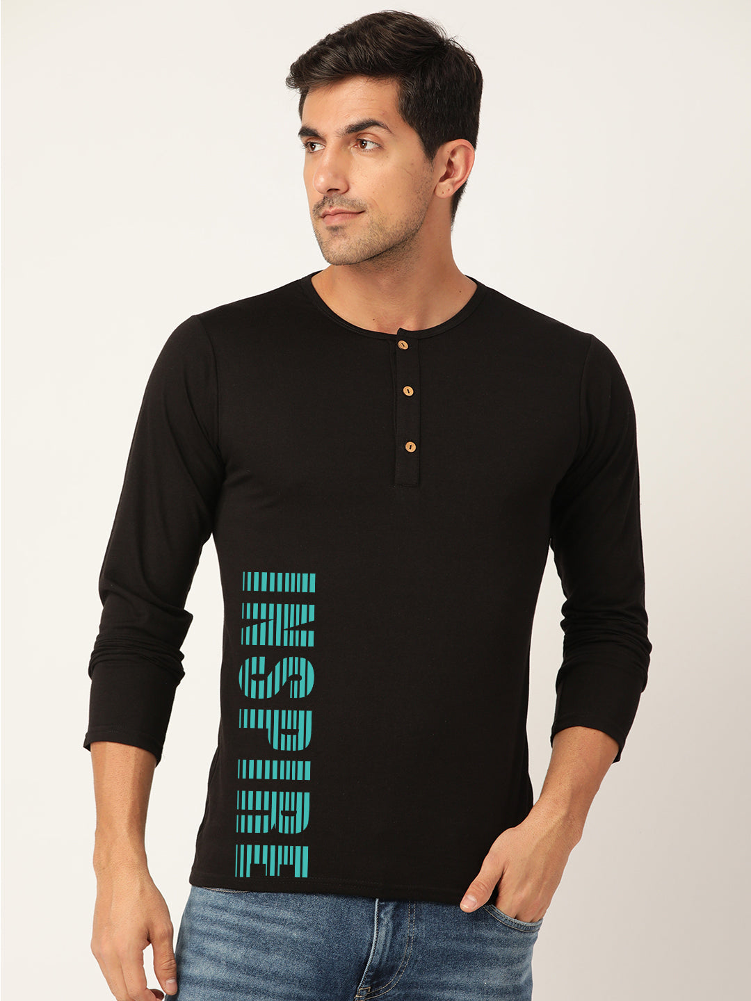 Inspire Black Henley Full Sleeves T-shirt