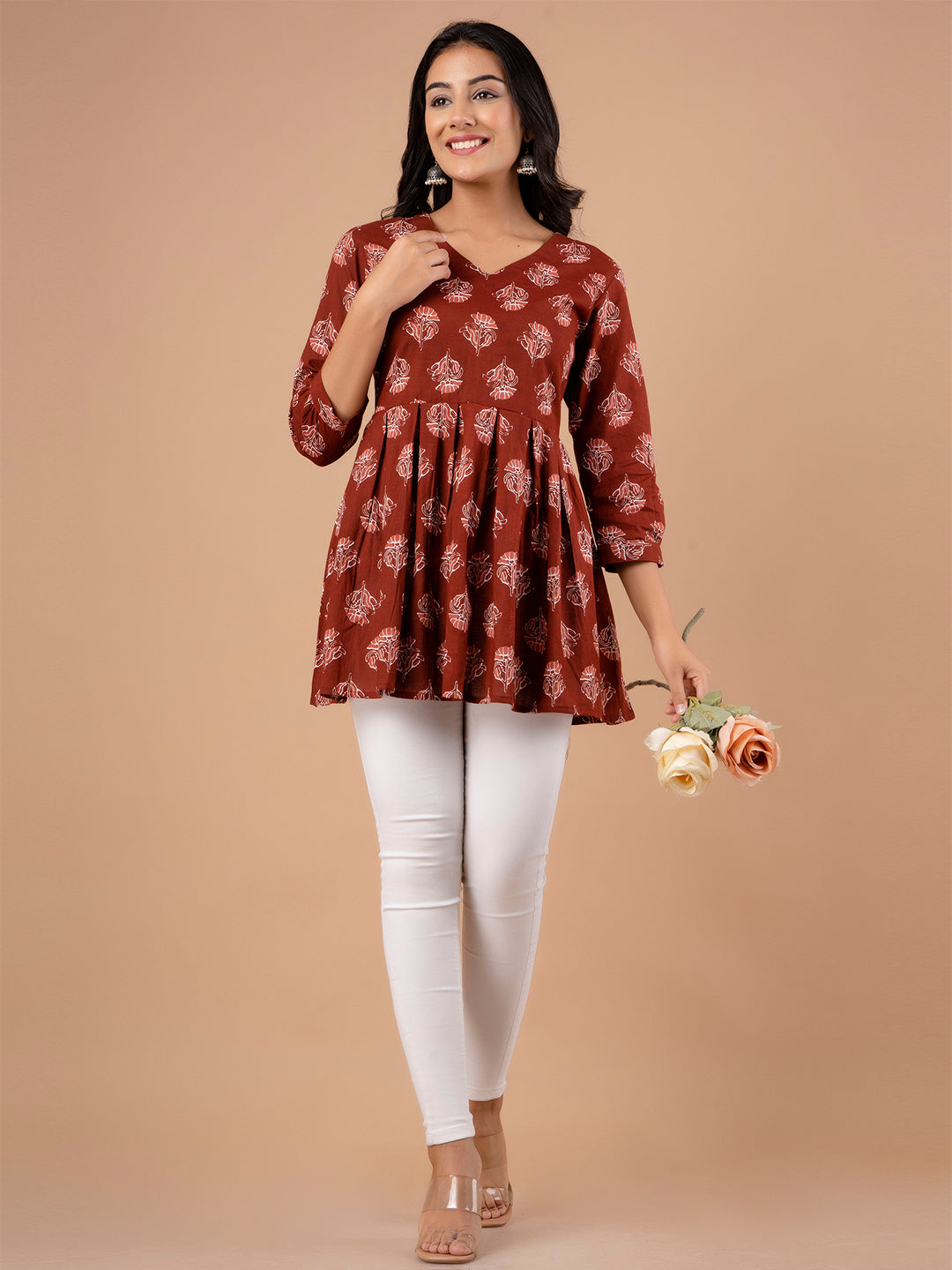 Printed Cotton Rust Peplum Tunic