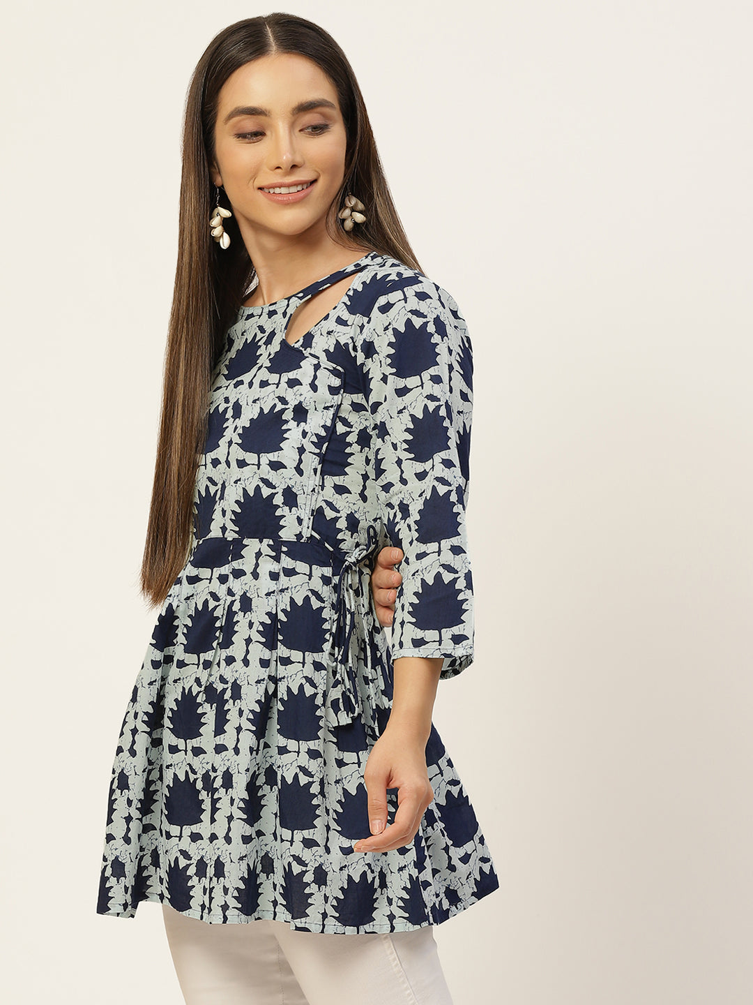 WOMEN FLARED DESIGNER BLUE SHORT KURTI