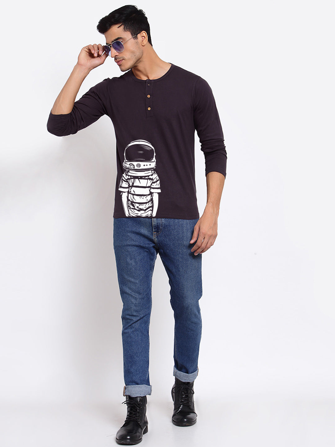 Space Boy Grey Henley Full Sleeves T-Shirt