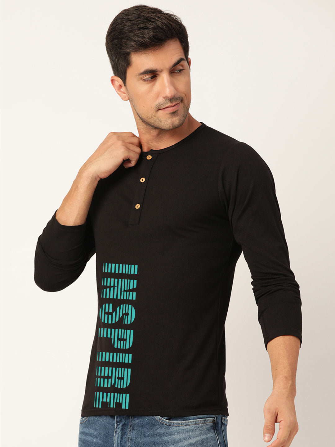 Inspire Black Henley Full Sleeves T-Shirt