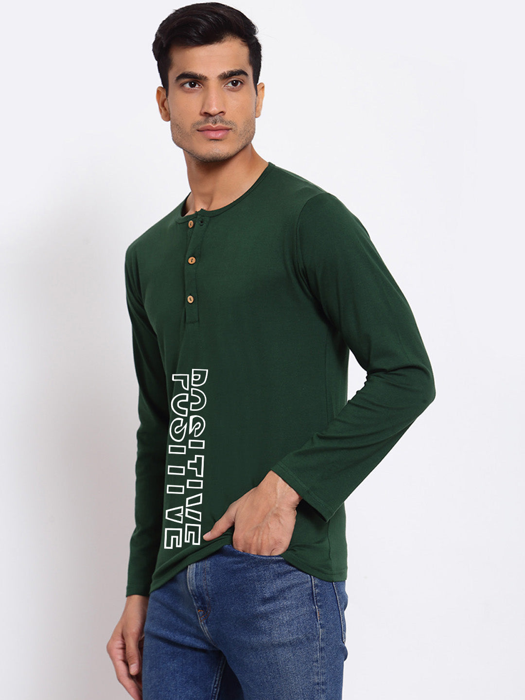 Positive Green Henley Full Sleeves T-Shirt