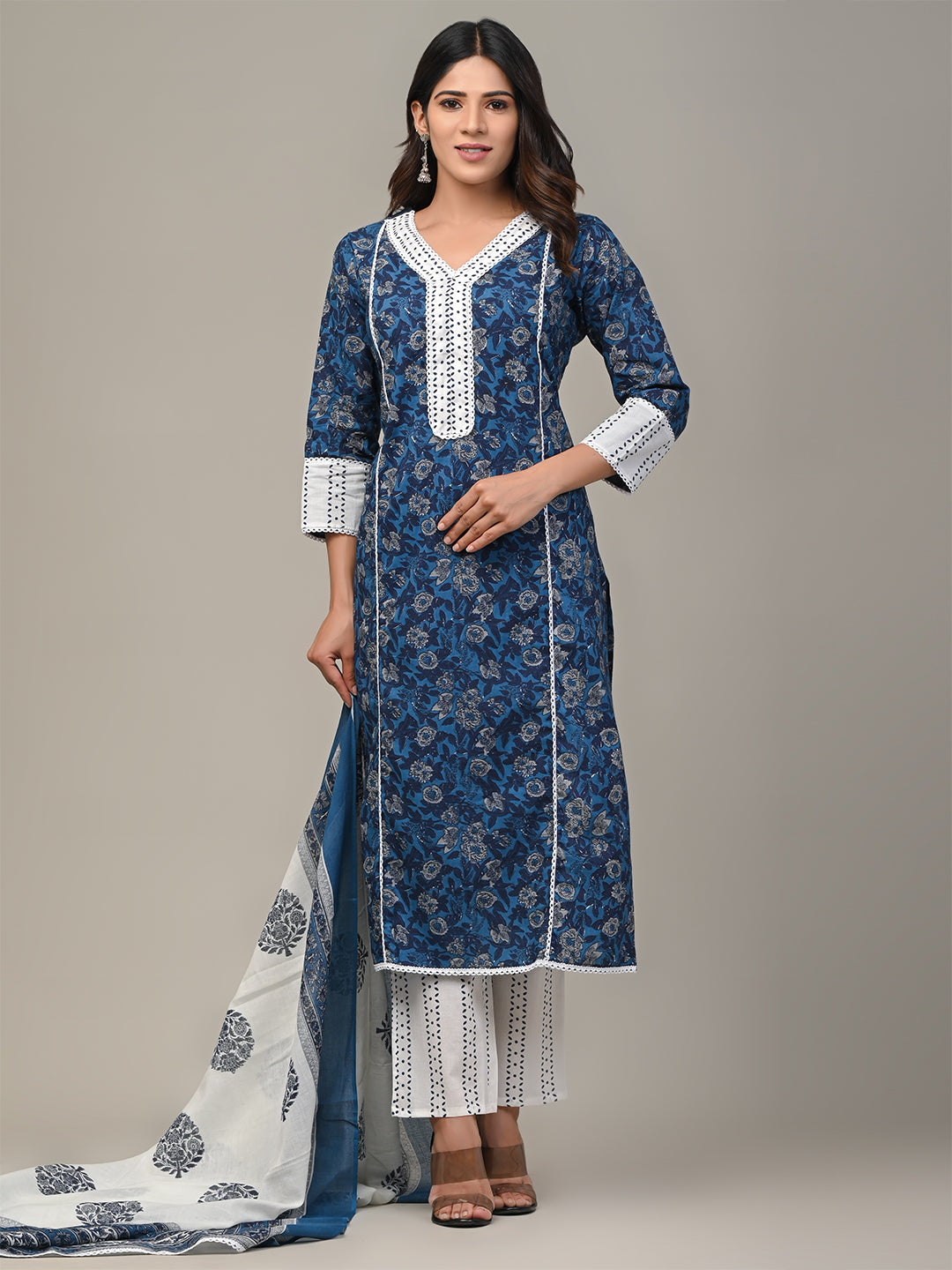 COTTON PRINTED BLUE KURTA SET WITH DUPATTA