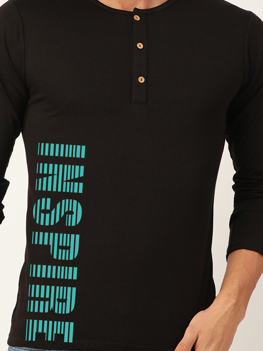 Inspire Black Henley Full Sleeves T-Shirt