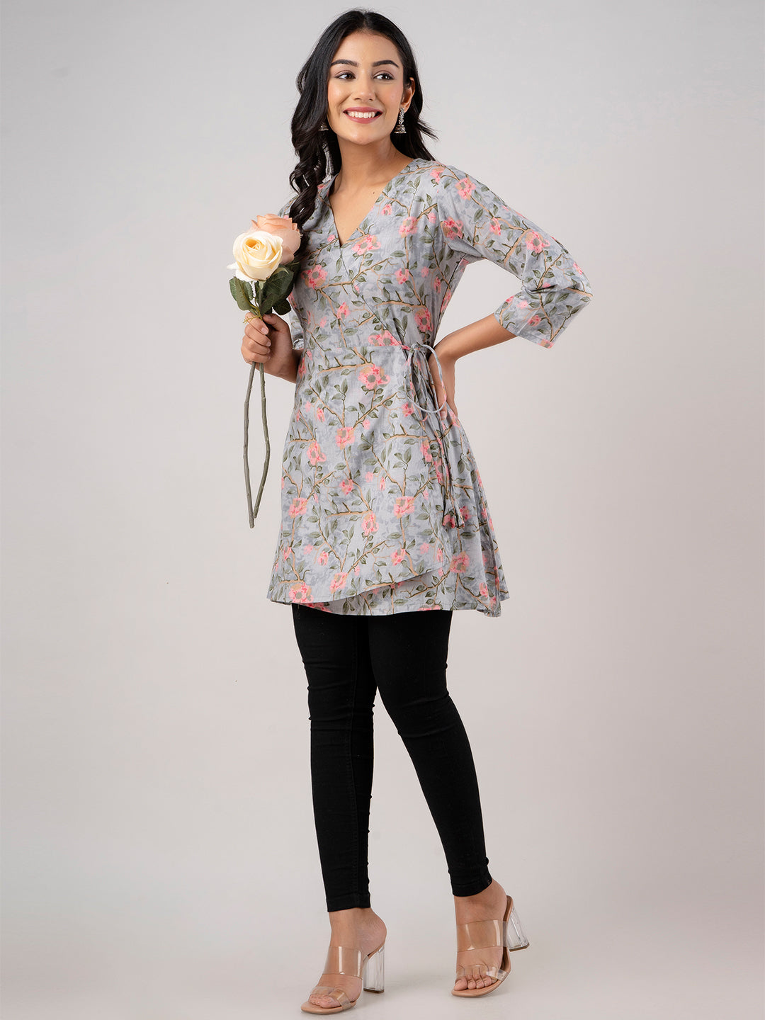 Cotton Printed Grey Angrakha Short Tunic
