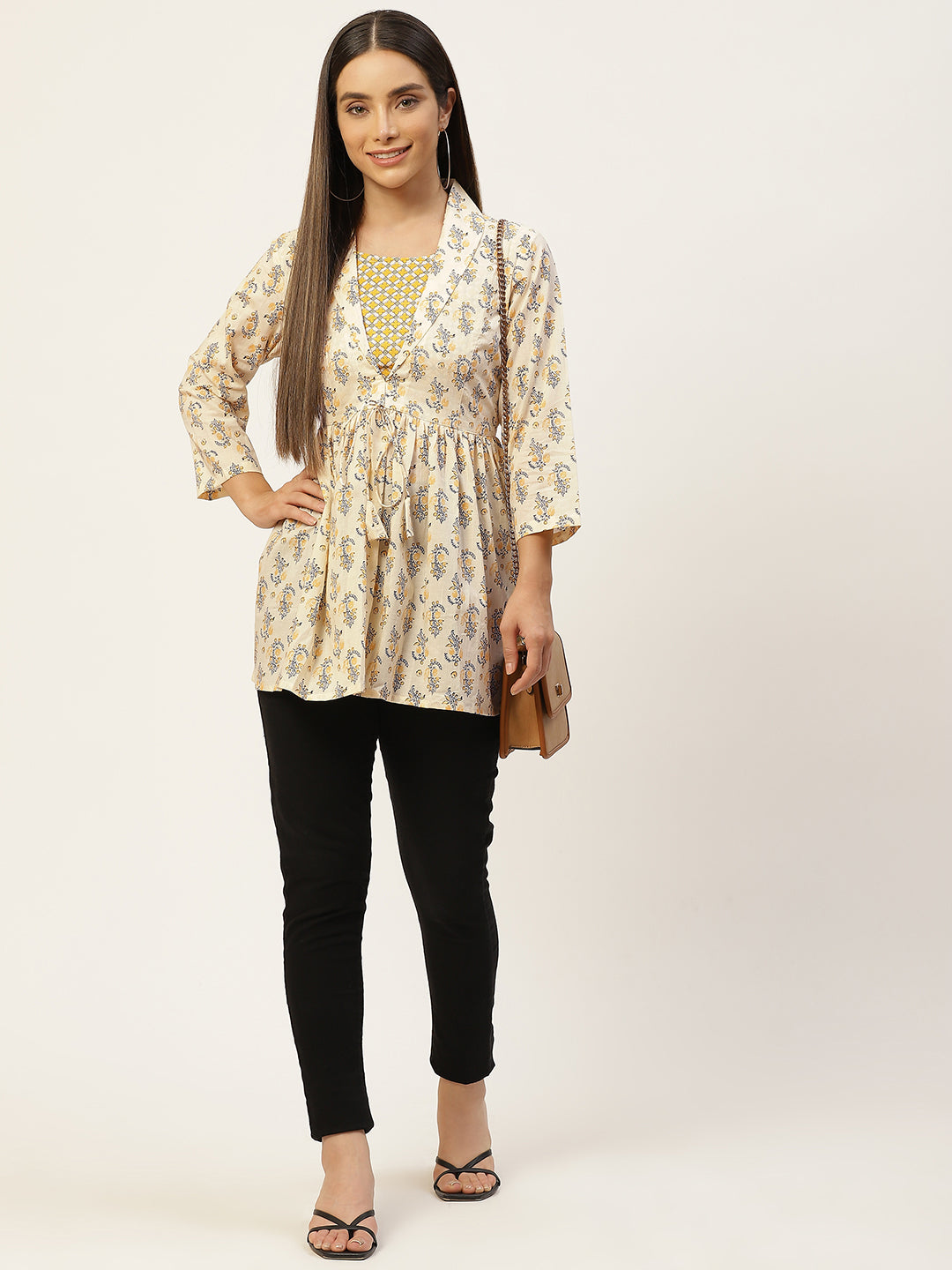 WOMEN YELLOW COLLARED PRINTED FLARED KURTI