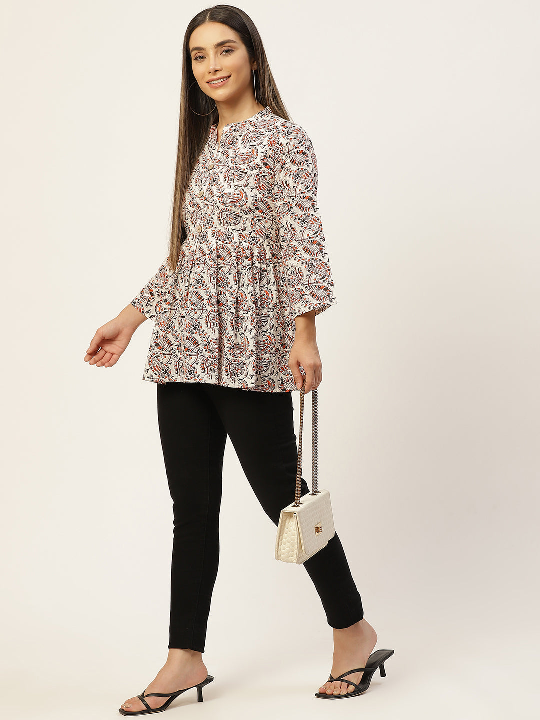 WOMEN WHITE PLEATED A-LINE DESIGNER SHORT KURTI