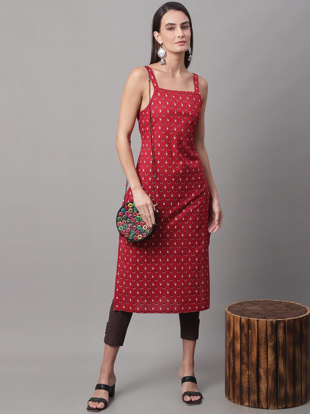 Women Red Printed Straight Fit Kurti