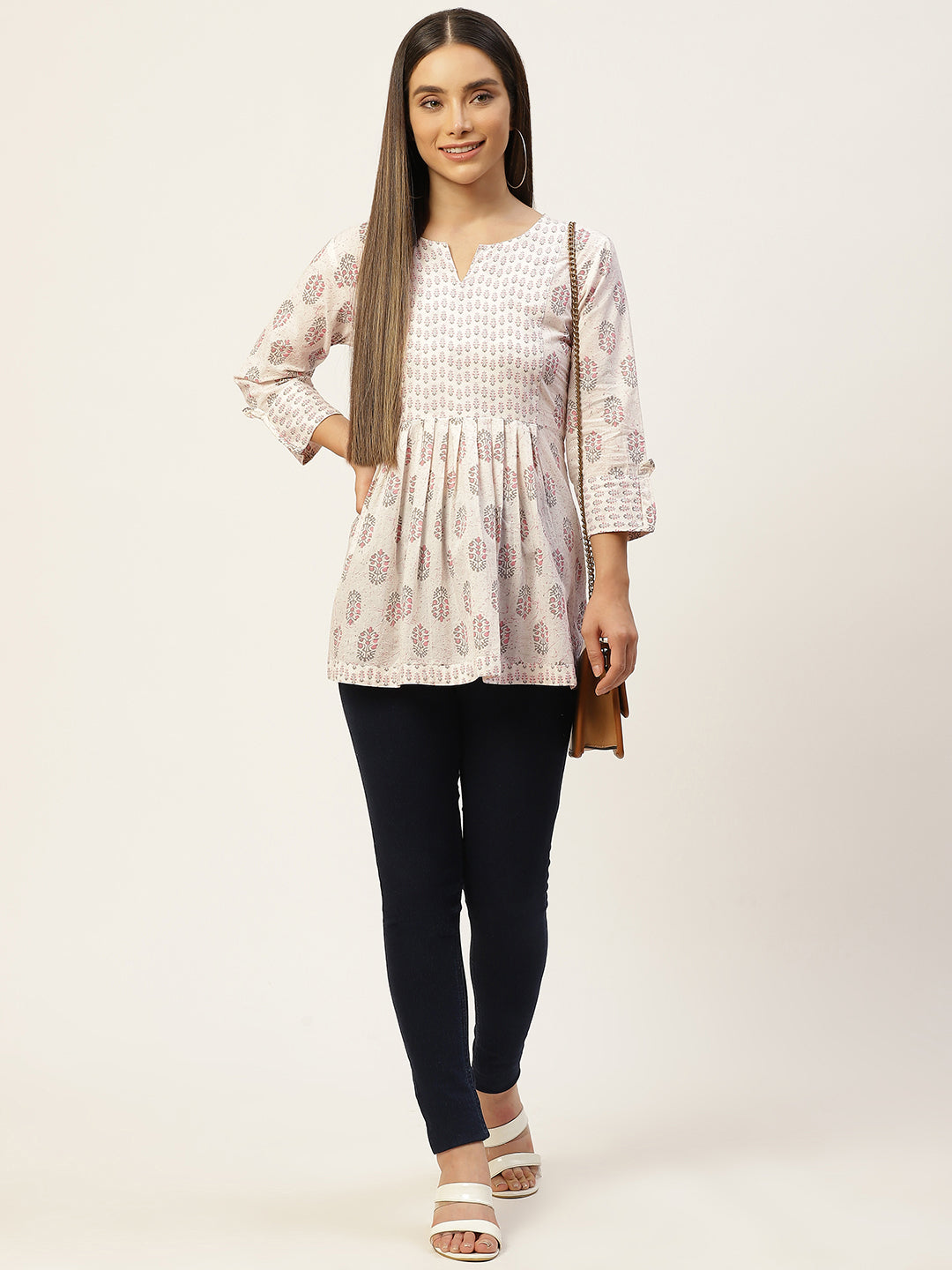 WOMEN WHITE & BABYPINK COTTON PRINTED A-LINE KURTI